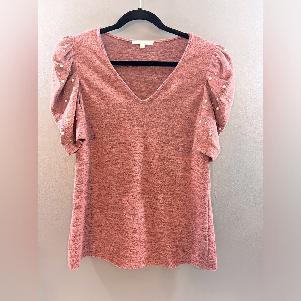 Ivy Ridge Short Puffed Sleeve -Heathered Pink Bead Accents Top Size Large 80's